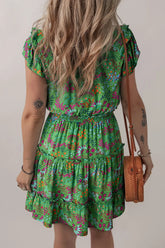 Floral Tie Split Neck Frilly Ruffle Trim Tiered Short Dress OutfitFlow
